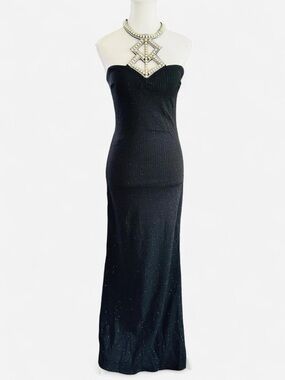 Black Strapless Maxi Dress Gold Beaded Neckline Formal Glam Small